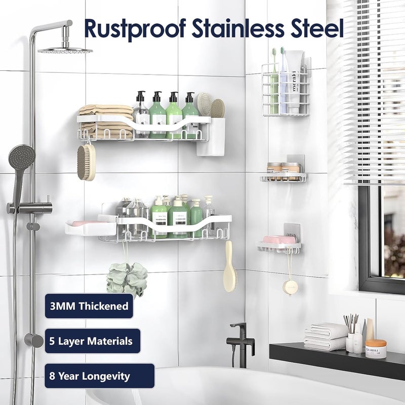 NESOMI Shower Caddy Adhesive Shower Organizer 7-Pack, Rustproof Stainless Steel Bathroom Shelves, Large Capacity No-Drill Rack Storage Accessories with Soap Dish Toothbrush Holder Hooks (White) - Image 5
